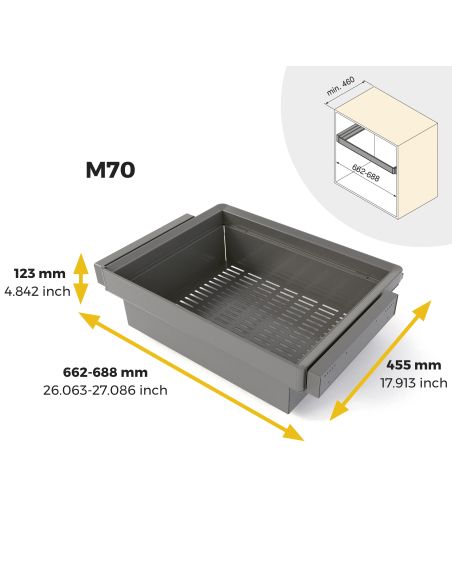 Emuca Kit  cassetto metallico e telaio regolabile Quartz per armadi, chiusura ammortizzata e estrazione totale, modulo 70 cm