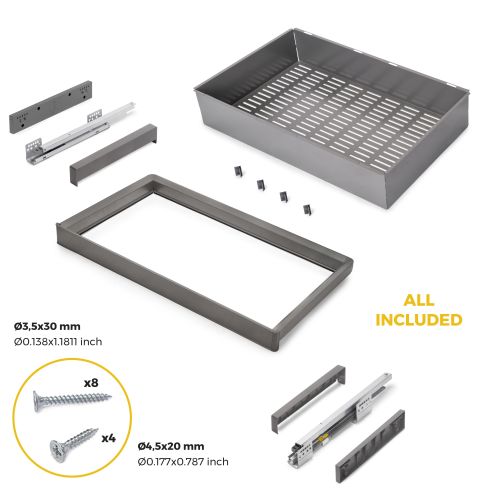 Emuca Kit  cassetto metallico e telaio regolabile Quartz per armadi, chiusura ammortizzata e estrazione totale, modulo 80 cm