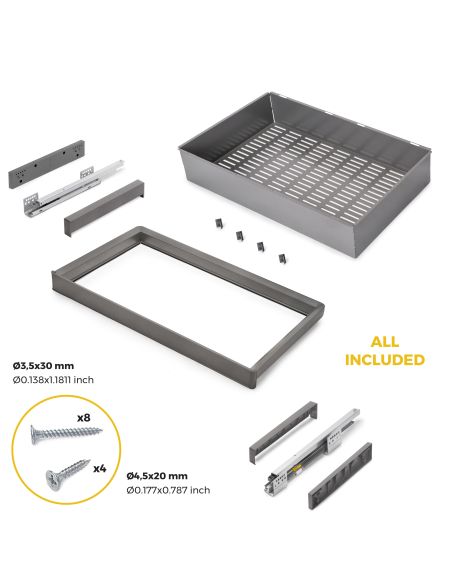 Emuca Kit  cassetto metallico e telaio regolabile Quartz per armadi, chiusura ammortizzata e estrazione totale, modulo 80 cm