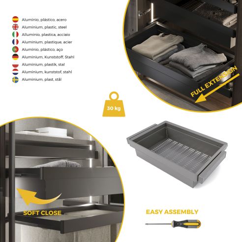 Emuca Kit  cassetto metallico e telaio regolabile Quartz per armadi, chiusura ammortizzata e estrazione totale, modulo 80 cm