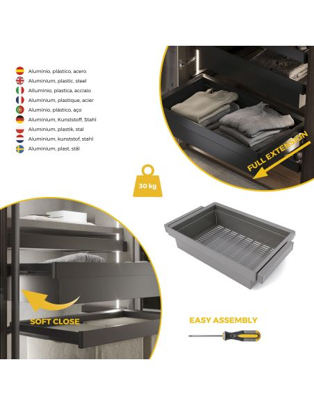 Emuca Kit  cassetto metallico e telaio regolabile Quartz per armadi, chiusura ammortizzata e estrazione totale, modulo 80 cm