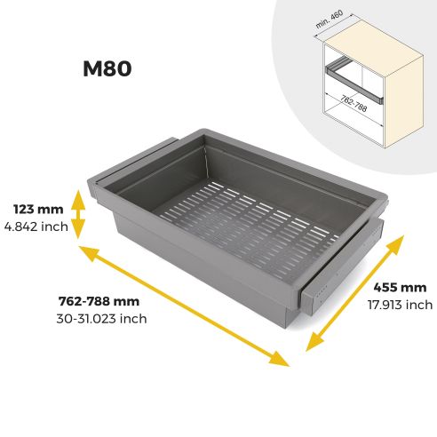 Emuca Kit  cassetto metallico e telaio regolabile Quartz per armadi, chiusura ammortizzata e estrazione totale, modulo 80 cm