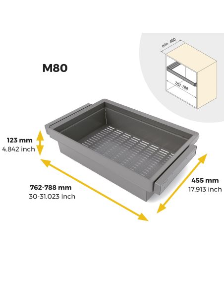 Emuca Kit  cassetto metallico e telaio regolabile Quartz per armadi, chiusura ammortizzata e estrazione totale, modulo 80 cm