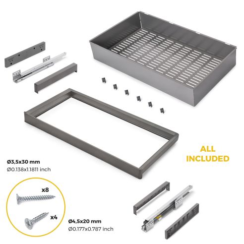 Emuca Kit  cassetto metallico e telaio regolabile Quartz per armadi, chiusura ammortizzata e estrazione totale, modulo 90 cm