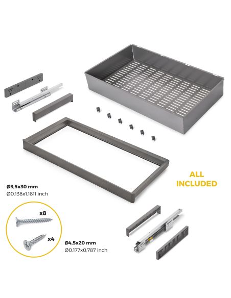 Emuca Kit  cassetto metallico e telaio regolabile Quartz per armadi, chiusura ammortizzata e estrazione totale, modulo 90 cm