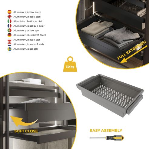 Emuca Kit  cassetto metallico e telaio regolabile Quartz per armadi, chiusura ammortizzata e estrazione totale, modulo 90 cm