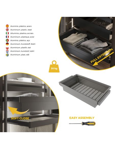 Emuca Kit  cassetto metallico e telaio regolabile Quartz per armadi, chiusura ammortizzata e estrazione totale, modulo 90 cm