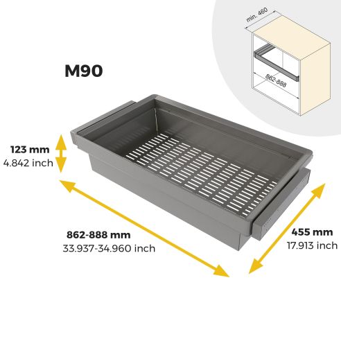Emuca Kit  cassetto metallico e telaio regolabile Quartz per armadi, chiusura ammortizzata e estrazione totale, modulo 90 cm