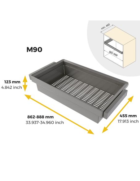 Emuca Kit  cassetto metallico e telaio regolabile Quartz per armadi, chiusura ammortizzata e estrazione totale, modulo 90 cm