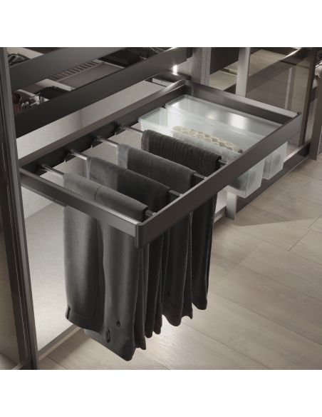Emuca Kit  portapantaloni a 7 aste e telaio regolabile Quartz per armadi, chiusura ammortizzata e estrazione totale, modulo 60cm
