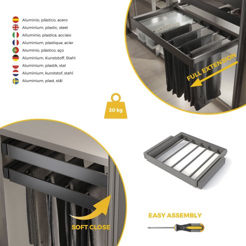 Emuca Kit  portapantaloni a 7 aste e telaio regolabile Quartz per armadi, chiusura ammortizzata e estrazione totale, modulo 60cm