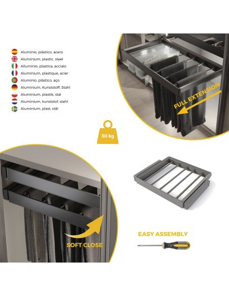 Emuca Kit  portapantaloni a 7 aste e telaio regolabile Quartz per armadi, chiusura ammortizzata e estrazione totale, modulo 60cm