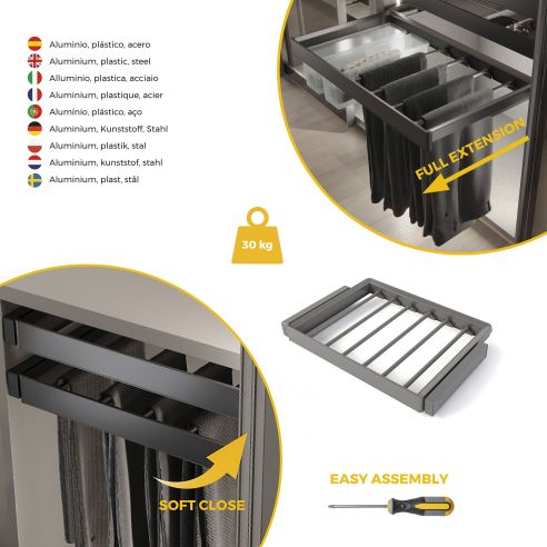 Emuca Kit  portapantaloni a 7 aste e telaio regolabile Quartz per armadi, chiusura ammortizzata e estrazione totale, modulo 70cm