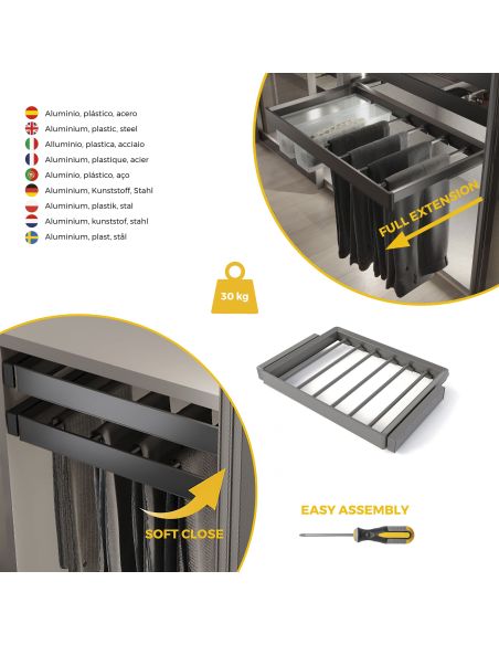 Emuca Kit  portapantaloni a 7 aste e telaio regolabile Quartz per armadi, chiusura ammortizzata e estrazione totale, modulo 70cm