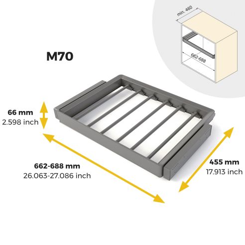 Emuca Kit  portapantaloni a 7 aste e telaio regolabile Quartz per armadi, chiusura ammortizzata e estrazione totale, modulo 70cm