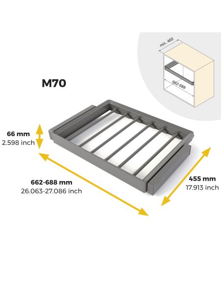 Emuca Kit  portapantaloni a 7 aste e telaio regolabile Quartz per armadi, chiusura ammortizzata e estrazione totale, modulo 70cm