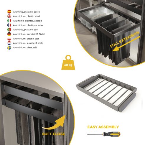 Emuca Kit  portapantaloni a 7 aste e telaio regolabile Quartz per armadi, chiusura ammortizzata e estrazione totale, modulo 80cm