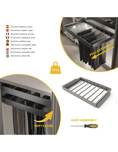 Emuca Kit  portapantaloni a 7 aste e telaio regolabile Quartz per armadi, chiusura ammortizzata e estrazione totale, modulo 80cm