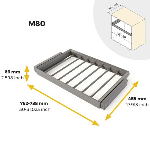 Emuca Kit  portapantaloni a 7 aste e telaio regolabile Quartz per armadi, chiusura ammortizzata e estrazione totale, modulo 80cm