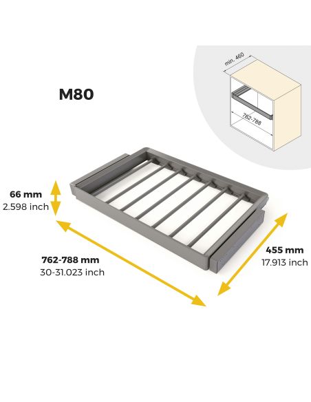 Emuca Kit  portapantaloni a 7 aste e telaio regolabile Quartz per armadi, chiusura ammortizzata e estrazione totale, modulo 80cm