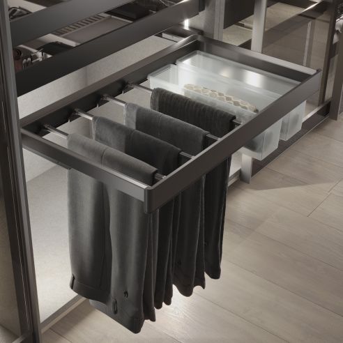 Emuca Kit  portapantaloni a 7 aste e telaio regolabile Quartz per armadi, chiusura ammortizzata e estrazione totale, modulo 90cm