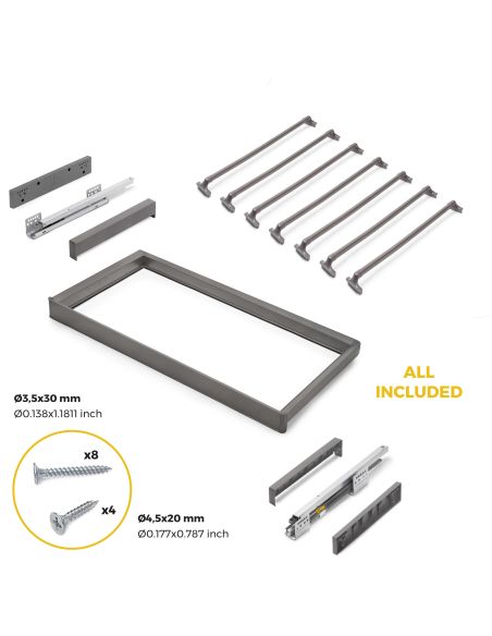 Emuca Kit  portapantaloni a 7 aste e telaio regolabile Quartz per armadi, chiusura ammortizzata e estrazione totale, modulo 90cm