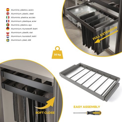 Emuca Kit  portapantaloni a 7 aste e telaio regolabile Quartz per armadi, chiusura ammortizzata e estrazione totale, modulo 90cm