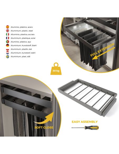 Emuca Kit  portapantaloni a 7 aste e telaio regolabile Quartz per armadi, chiusura ammortizzata e estrazione totale, modulo 90cm