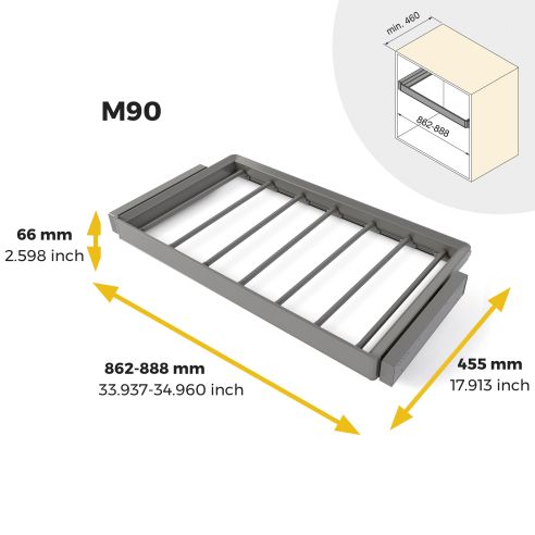 Emuca Kit  portapantaloni a 7 aste e telaio regolabile Quartz per armadi, chiusura ammortizzata e estrazione totale, modulo 90cm