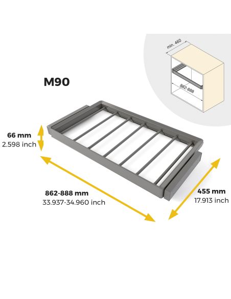 Emuca Kit  portapantaloni a 7 aste e telaio regolabile Quartz per armadi, chiusura ammortizzata e estrazione totale, modulo 90cm
