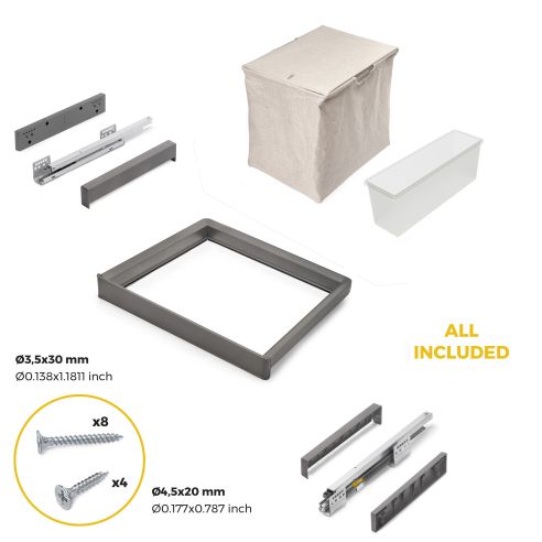 Emuca Kit  vassoio ausiliario, cesto portabiancheria e telaio regolabile Quartz per armadi, chiusura ammortizzata