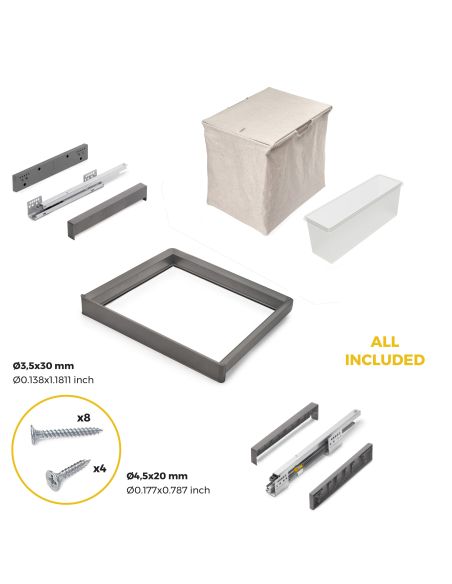 Emuca Kit  vassoio ausiliario, cesto portabiancheria e telaio regolabile Quartz per armadi, chiusura ammortizzata