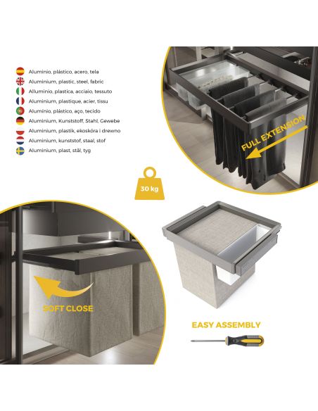 Emuca Kit  vassoio ausiliario, cesto portabiancheria e telaio regolabile Quartz per armadi, chiusura ammortizzata
