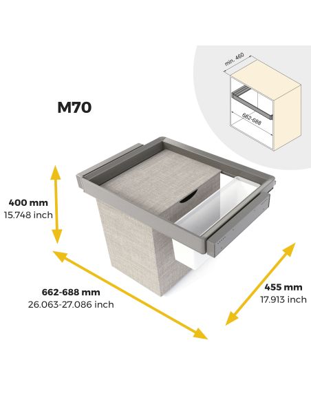 Emuca Kit  vassoio ausiliario, cesto portabiancheria e telaio regolabile Quartz per armadi, chiusura ammortizzata