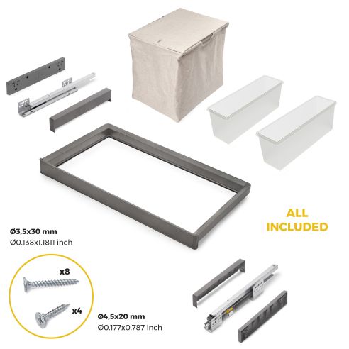 Emuca Kit  2 vassoio ausiliario, 1 cesto portabiancheria e telaio regolabile Quartz per armadi, chiusura ammortizzata