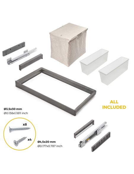 Emuca Kit  2 vassoio ausiliario, 1 cesto portabiancheria e telaio regolabile Quartz per armadi, chiusura ammortizzata