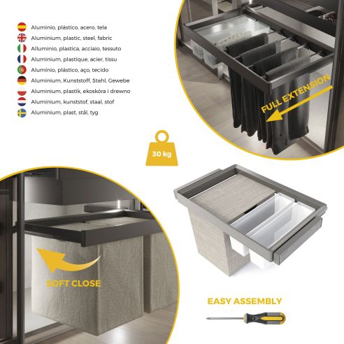 Emuca Kit  2 vassoio ausiliario, 1 cesto portabiancheria e telaio regolabile Quartz per armadi, chiusura ammortizzata