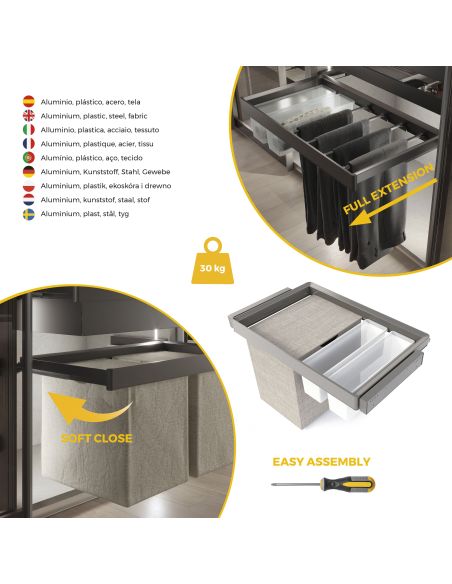 Emuca Kit  2 vassoio ausiliario, 1 cesto portabiancheria e telaio regolabile Quartz per armadi, chiusura ammortizzata