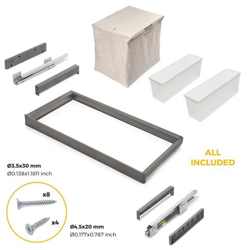 Emuca Kit  2 vassoio ausiliario, 1 cesto portabiancheria e telaio regolabile Quartz per armadi, chiusura ammortizzata