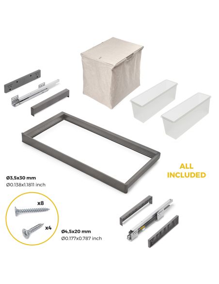 Emuca Kit  2 vassoio ausiliario, 1 cesto portabiancheria e telaio regolabile Quartz per armadi, chiusura ammortizzata