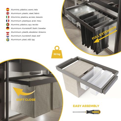 Emuca Kit  2 vassoio ausiliario, 1 cesto portabiancheria e telaio regolabile Quartz per armadi, chiusura ammortizzata