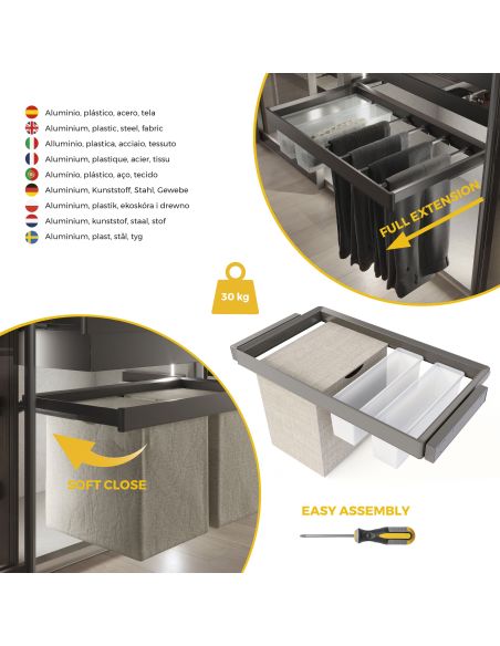 Emuca Kit  2 vassoio ausiliario, 1 cesto portabiancheria e telaio regolabile Quartz per armadi, chiusura ammortizzata