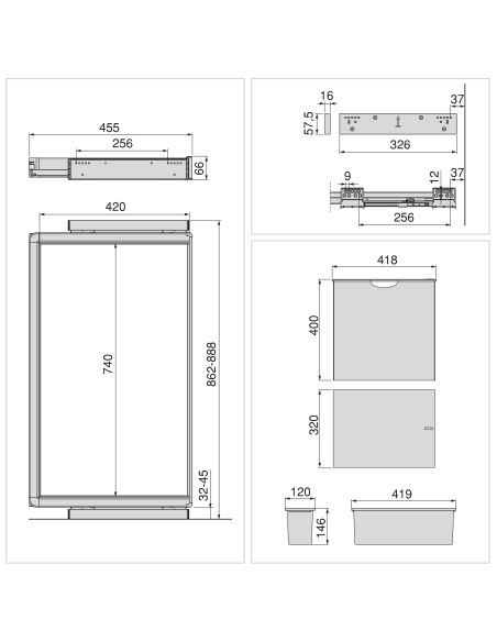 Emuca Kit  2 vassoio ausiliario, 1 cesto portabiancheria e telaio regolabile Quartz per armadi, chiusura ammortizzata