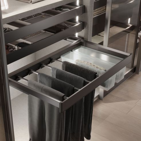 Emuca Kit  portapantaloni a 7 aste, cesto portabiancheria e telaio regolabile Quartz per armadi, chiusura ammortizzata