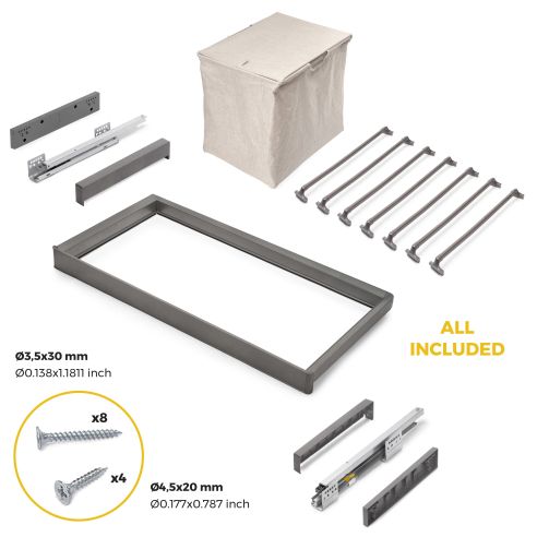Emuca Kit  portapantaloni a 7 aste, cesto portabiancheria e telaio regolabile Quartz per armadi, chiusura ammortizzata