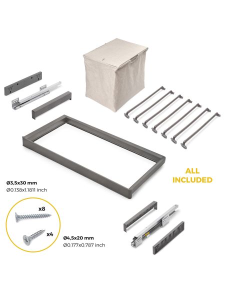 Emuca Kit  portapantaloni a 7 aste, cesto portabiancheria e telaio regolabile Quartz per armadi, chiusura ammortizzata