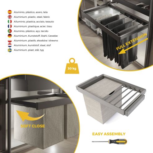 Emuca Kit  portapantaloni a 7 aste, cesto portabiancheria e telaio regolabile Quartz per armadi, chiusura ammortizzata