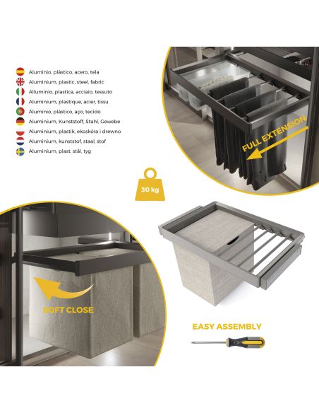 Emuca Kit  portapantaloni a 7 aste, cesto portabiancheria e telaio regolabile Quartz per armadi, chiusura ammortizzata