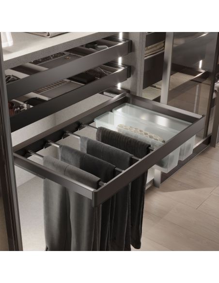 Emuca Kit  portapantaloni a 7 aste, cesto portabiancheria e telaio regolabile Quartz per armadi, chiusura ammortizzata