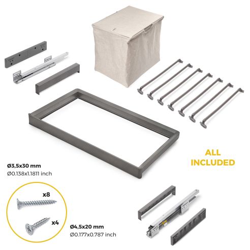 Emuca Kit  portapantaloni a 7 aste, cesto portabiancheria e telaio regolabile Quartz per armadi, chiusura ammortizzata